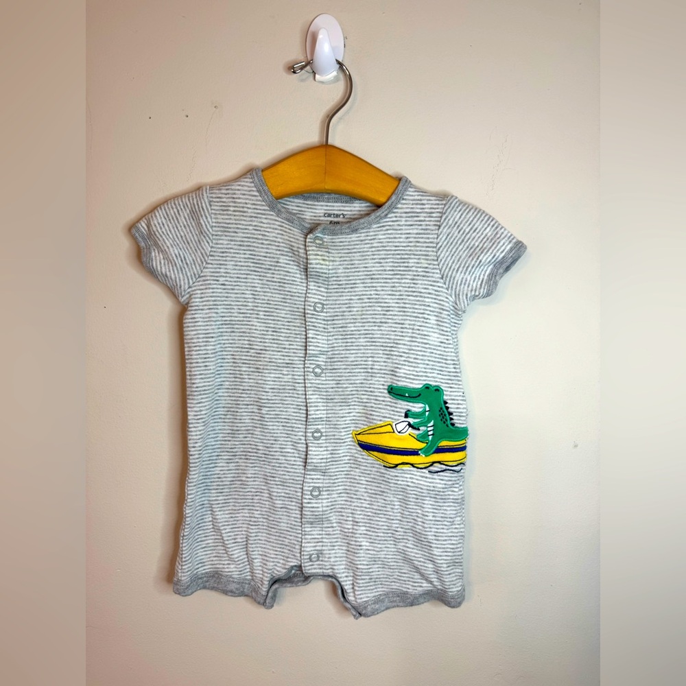 Carters | Gray Striped Baby Romper with Crocodile Patch | Size 6 Months
